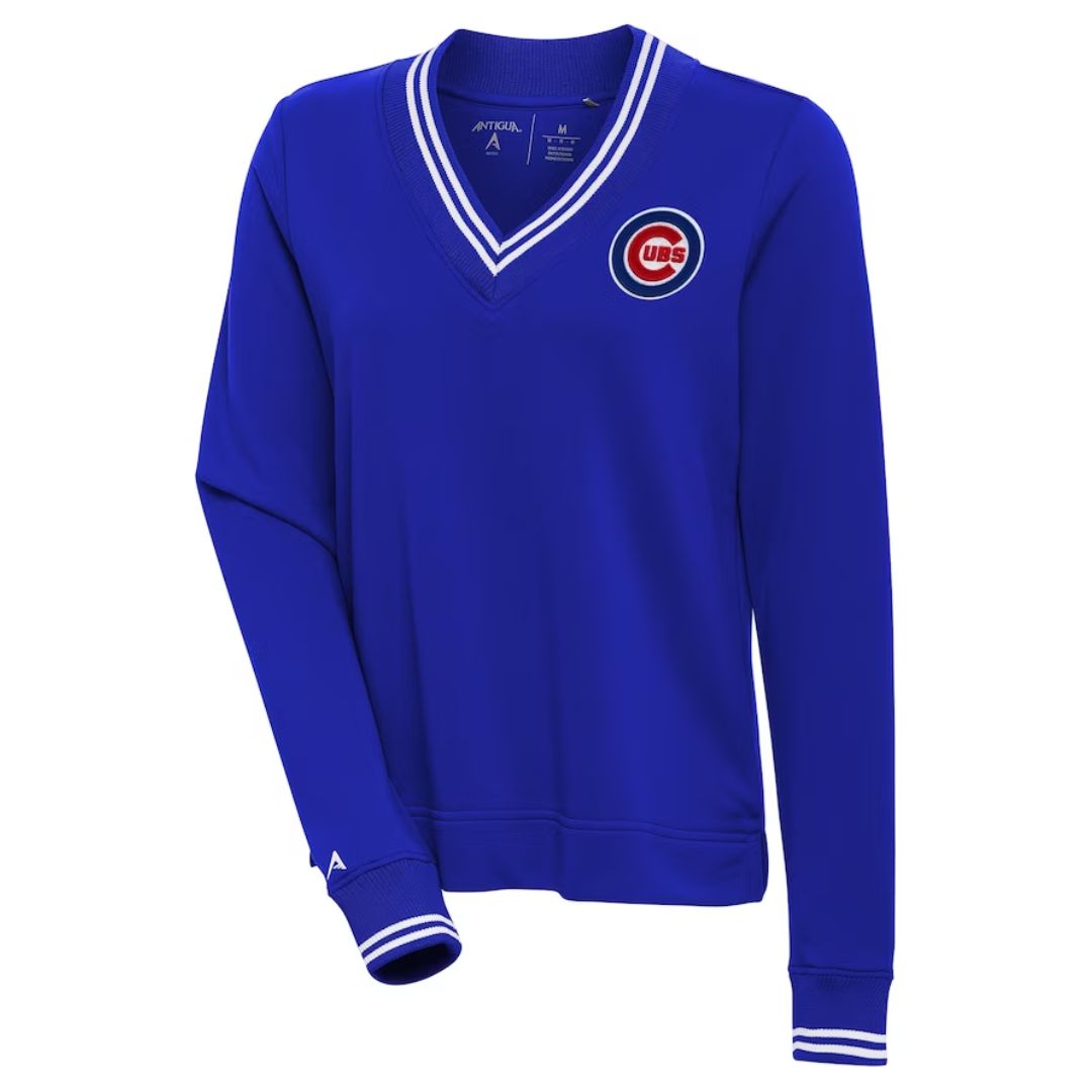 CHICAGO CUBS ANTIGUA WOMEN'S BULLSEYE LOGO V NECK ROYAL PULLOVER
