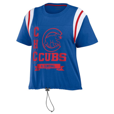 CHICAGO CUBS WEAR BY ERIN ANDREWS WOMEN'S WALKING BEAR LOGO CINCHED ROYAL TEE