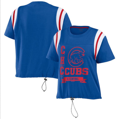 CHICAGO CUBS WEAR BY ERIN ANDREWS WOMEN'S WALKING BEAR LOGO CINCHED ROYAL TEE