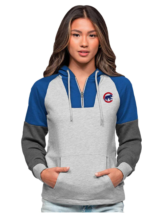 CHICAGO CUBS ANTIGUA WOMEN'S WALKING BEAR 1/4 ZIP HOODED SWEATSHIRT