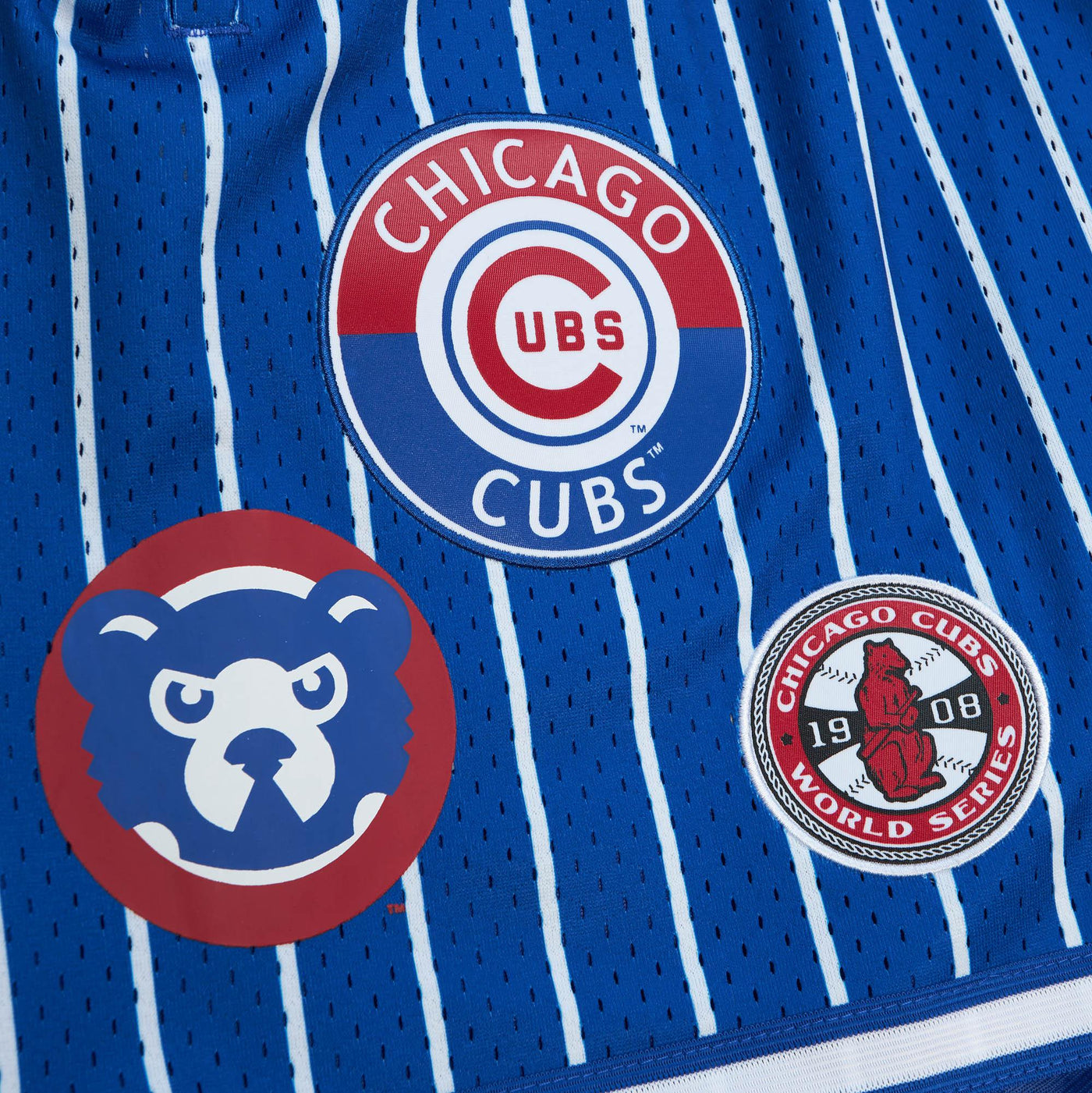 CHICAGO CUBS MITCHELL & NESS MEN'S STRIPED BLUE MESH PATCH SHORTS