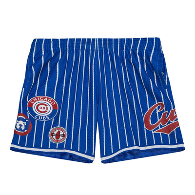 CHICAGO CUBS MITCHELL & NESS MEN'S STRIPED BLUE MESH PATCH SHORTS