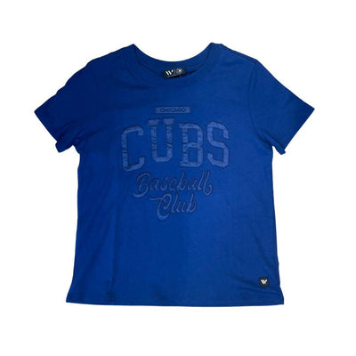 CHICAGO CUBS THE WILD COLLECTIVE WOMEN'S SATIN APPLIQUE BLUE TEE