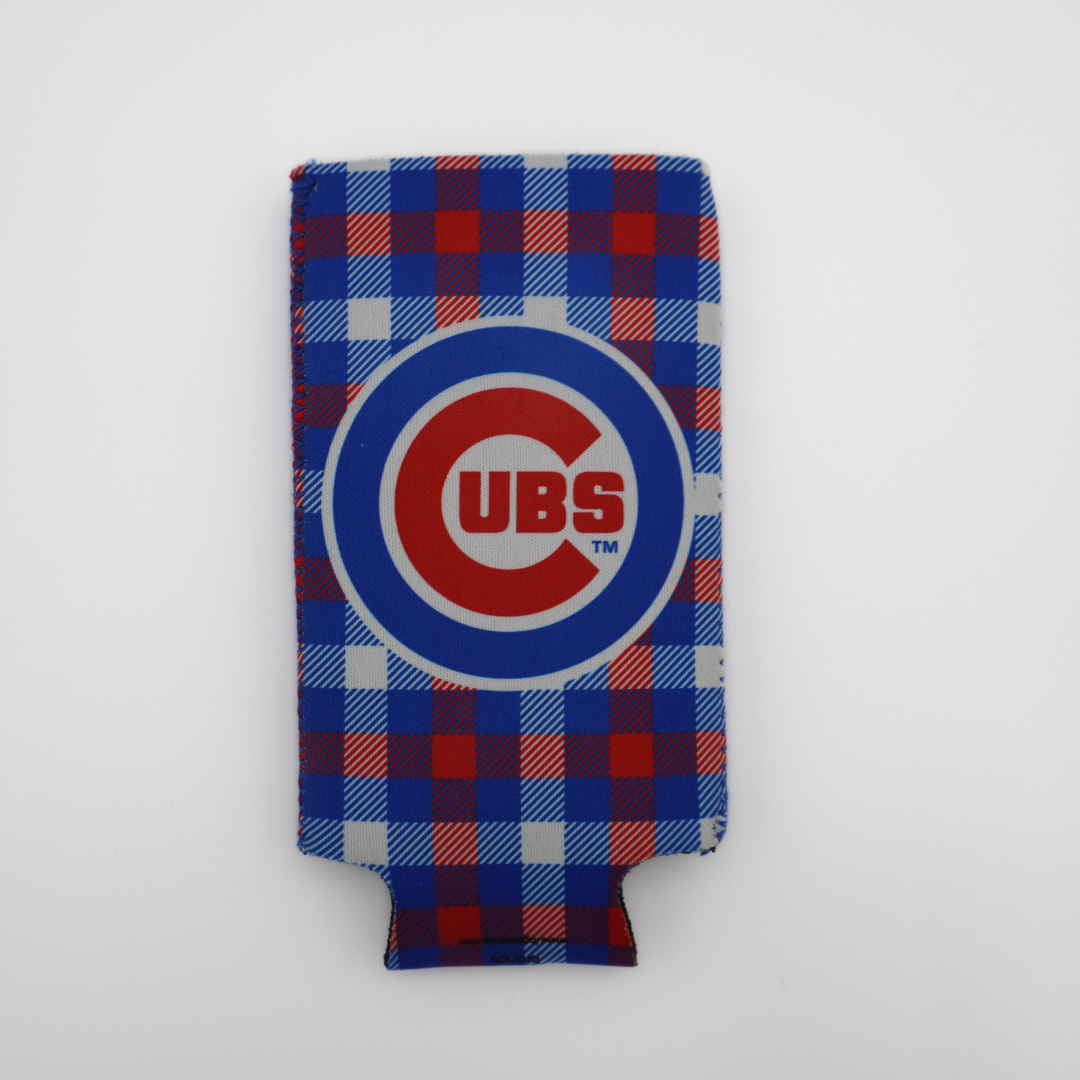 CHICAGO CUBS C LOGO PLAID SLIM CAN KOOZIE