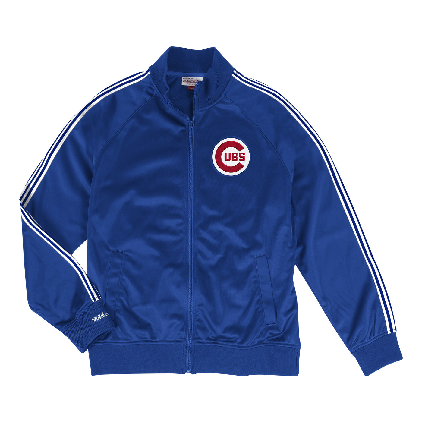 CHICAGO CUBS MITCHELL & NESS MEN'S BIG & TALL 1914 LOGO STRIPED BLUE TRACK JACKET