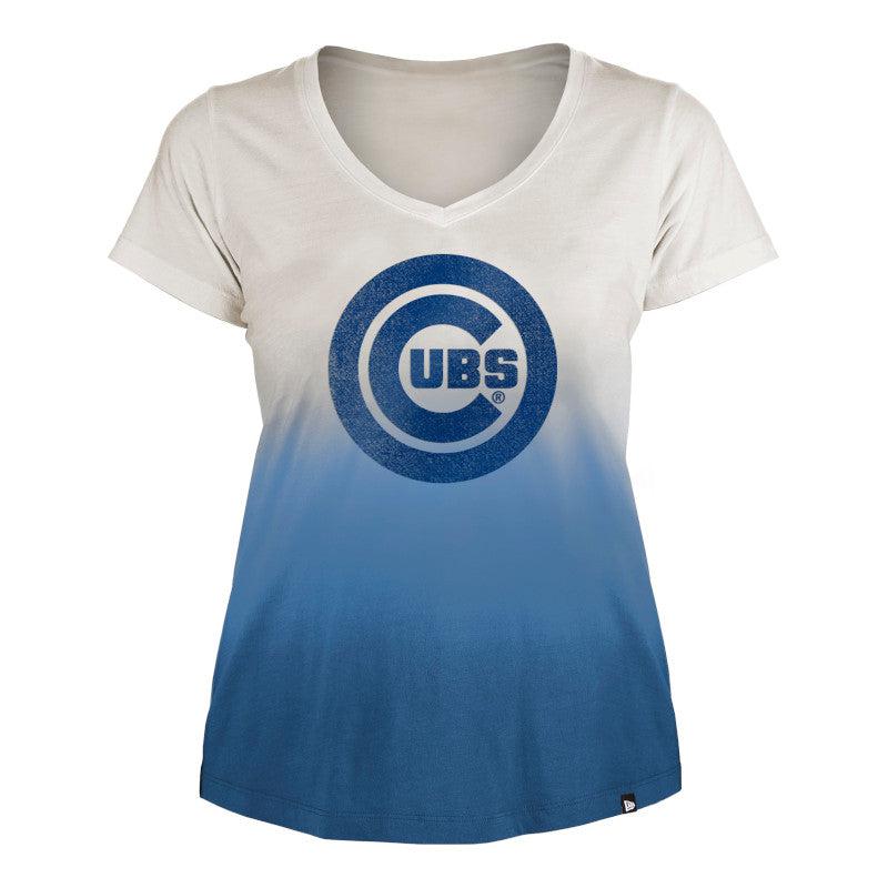 CHICAGO CUBS NEW ERA WOMEN'S BLUE AND WHITE GRADIENT VNECK TEE