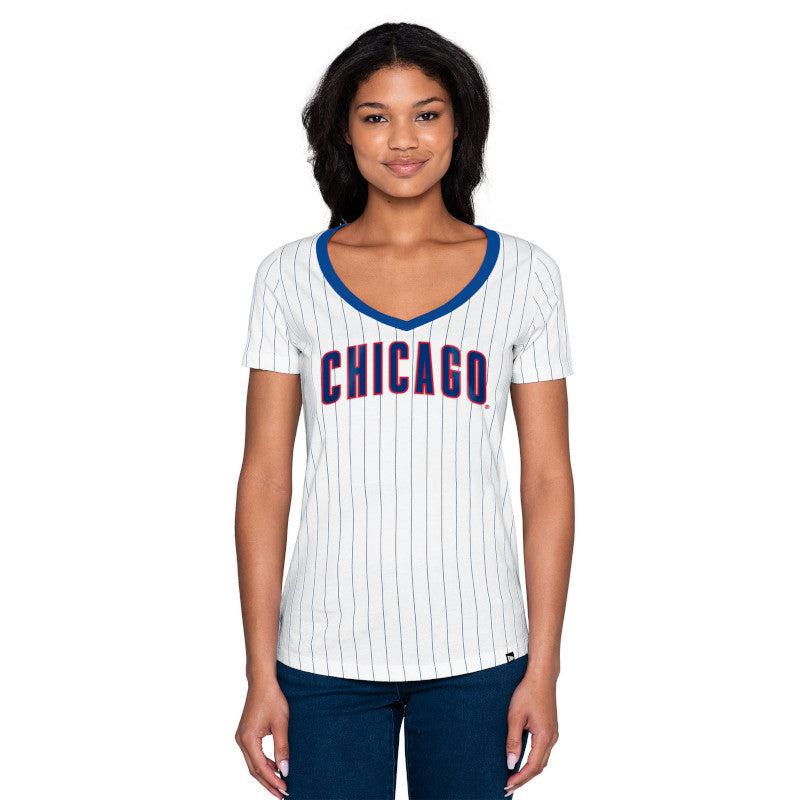 CHICAGO CUBS NEW ERA WOMEN'S PINSTRIPE VNECK TEE