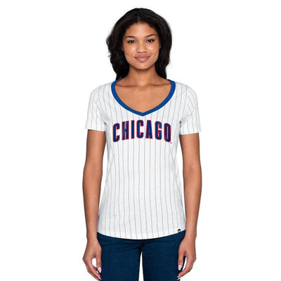 CHICAGO CUBS NEW ERA WOMEN'S PINSTRIPE VNECK TEE